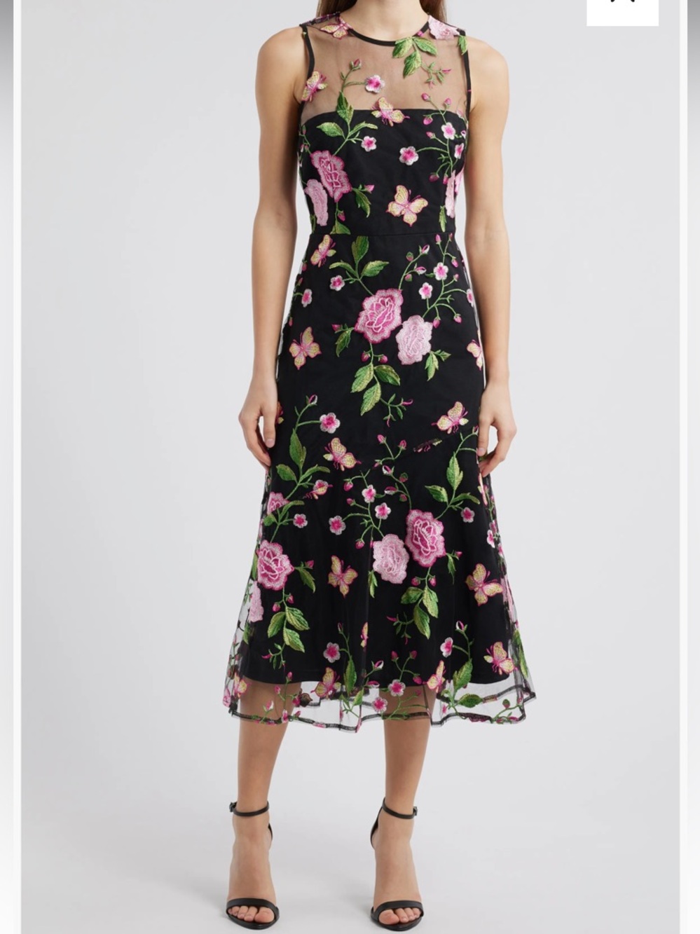 Sam Edelman Black Floral Embroidered Midi Dress with Pink Roses (2) xs
